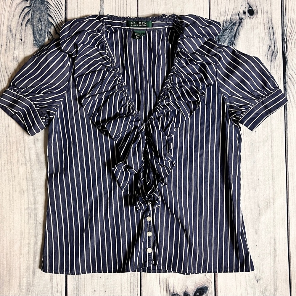 Ralph Lauren Ruffled V Neck Short Sleeve Blouse Size 6